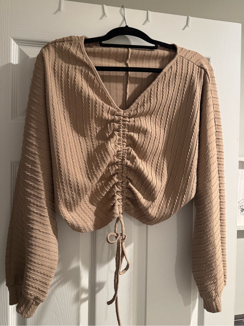 SHEIN Neutral Beige Textured Ruched Drawstring Crop Top